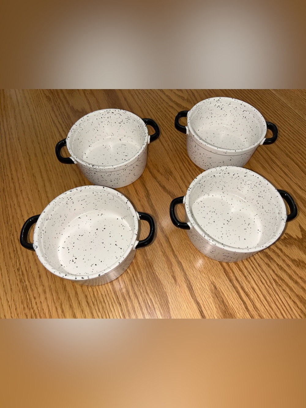 Speckled White Ceramic Ramekin Set with Black Handles - Set of 4